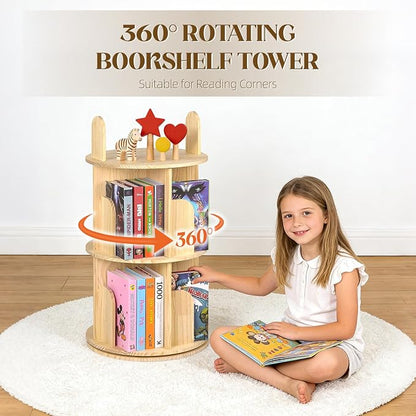 Kryonix 5 Tier Rotating Bookshelf, 360° Spinning Solid Pine Wood Bookcase | - Image 3
