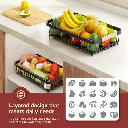 2-Tier Fruit Basket with Banana Hangers, Detachable Metal Bowl | Wooden handle - Image 6
