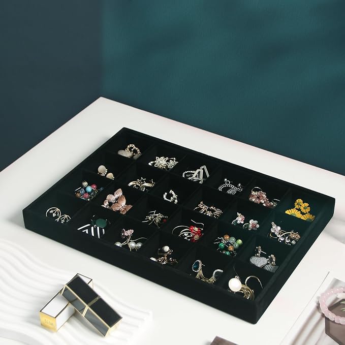 Coward 2PC Black Velvet Stackable 24 Gird Jewelry Organizer Tray Necklace - Image 2