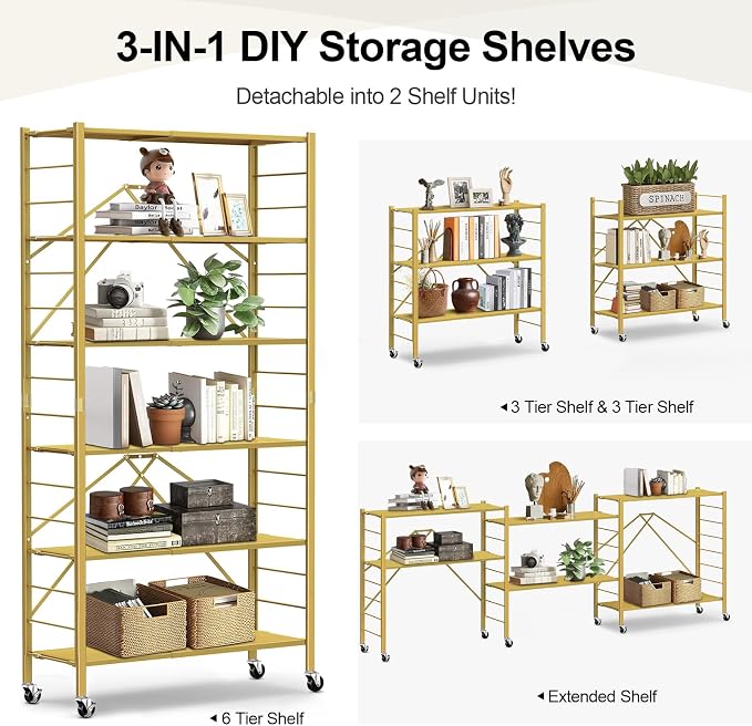 Himix 6 Tier Foldable Storage Shelves, Expandable Folding Bookshelf - Image 3