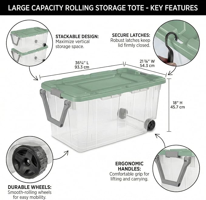 Storage Bins with Wheels 160 Quart, 2 Pack Heavy Duty Clear Plastic Totes with - Image 2