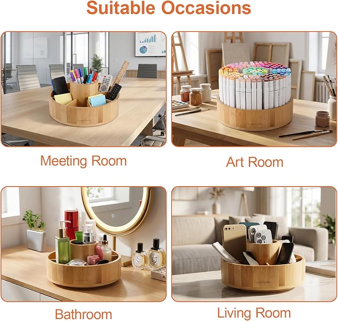 Marker Organizer Rotating Bamboo Desk Organizer, Silent 360° Rotation Caddy - Image 8