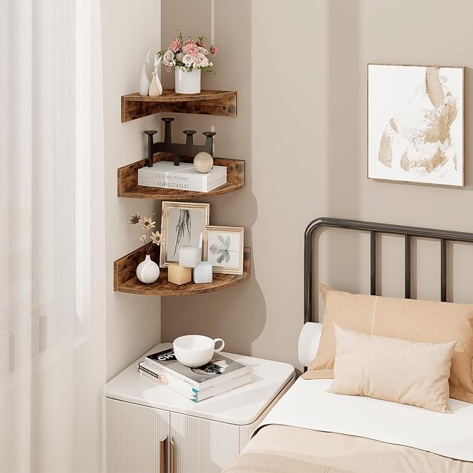 Corner Shelf Wall Mount, 3 Tier Wood Wall Display Shelf, Storage - Image 2