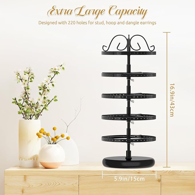 MODOWEY Rotating Earring Holder Organizer Display, 5 Tier Metal Tree, - Image 3