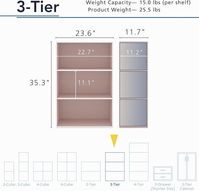 Homes: Inside + Out Apexa 3-Tier Cube Storage Organizer Shelves, Stackable Wood - Image 3