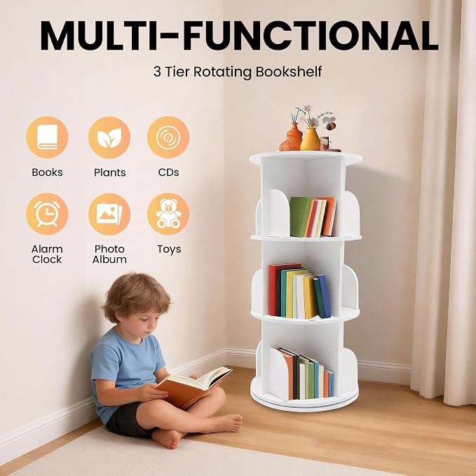 3-Tier Rotating Bookshelf, 360 Display Revolving Bookcase, Stackable Book - Image 4