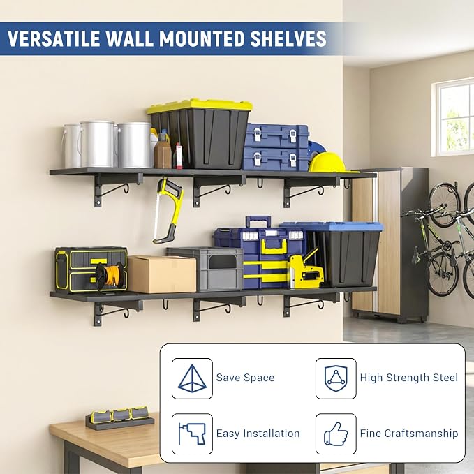 2 Pack Garage Wall Shelf, Heavy Duty Garage Shelving, Metal Hanging Storage Rack - Image 2