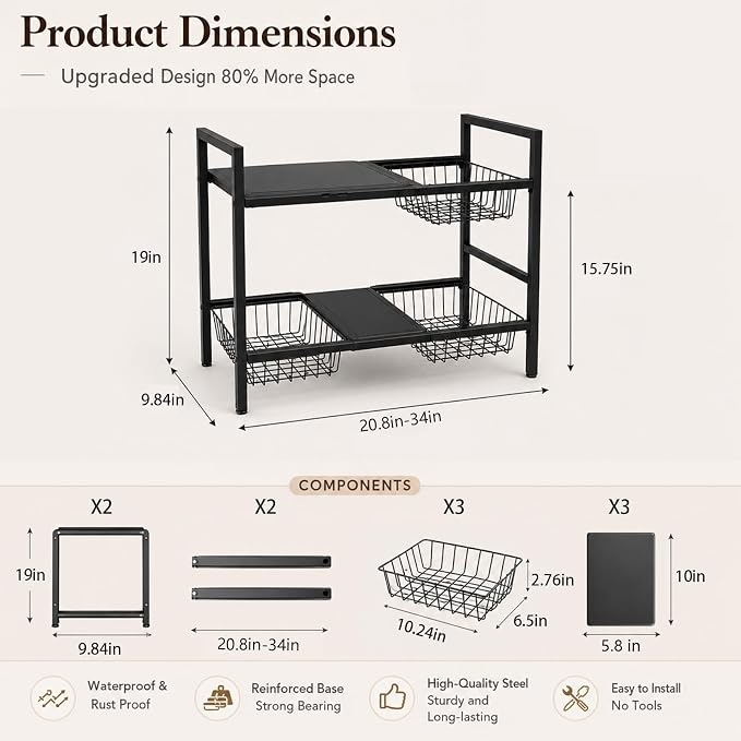 Expandable Under Sink Organizer, 2 Tier Under Sink Shelf, Height Adjustment - Image 2