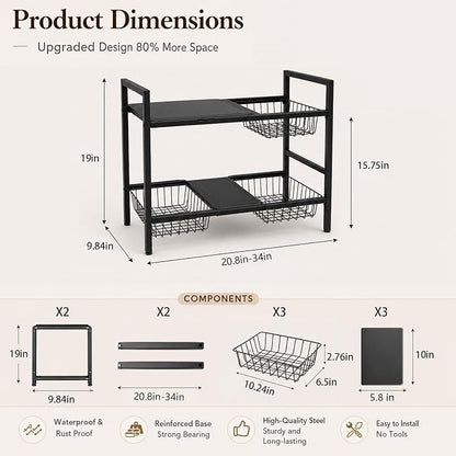 Expandable Under Sink Organizer, 2 Tier Under Sink Shelf, Height Adjustment - Image 2