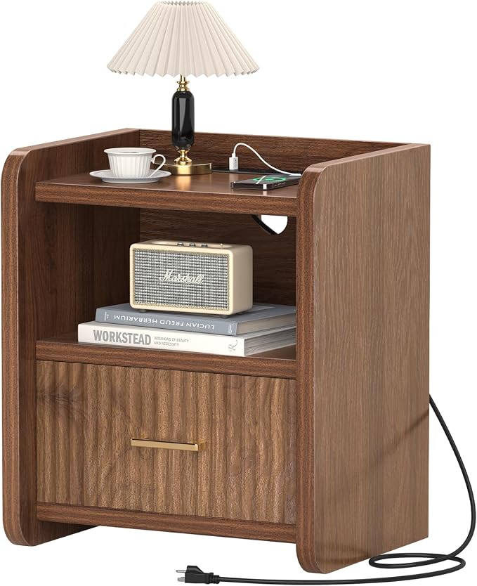 Night Stand with Charger Station, Fluted Nightstands Set of 2 with Drawer - Image 9