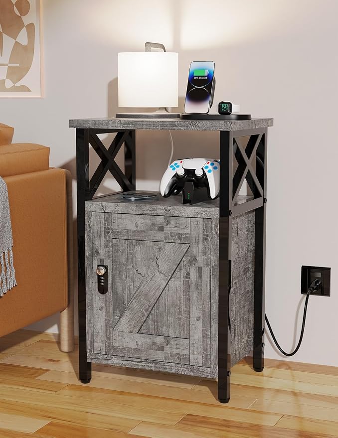 runjuly Wooden Nightstand with Lock Cabinet and Charging Station, Ash Grey | - Image 6
