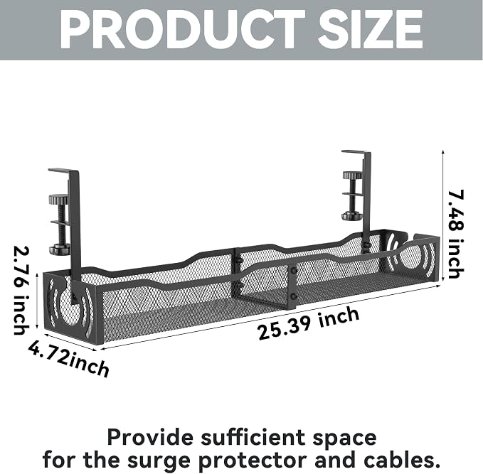 Cable Management, 25.3'' Under Desk Cable Management Tray No Drill, Metal Cable - Image 5