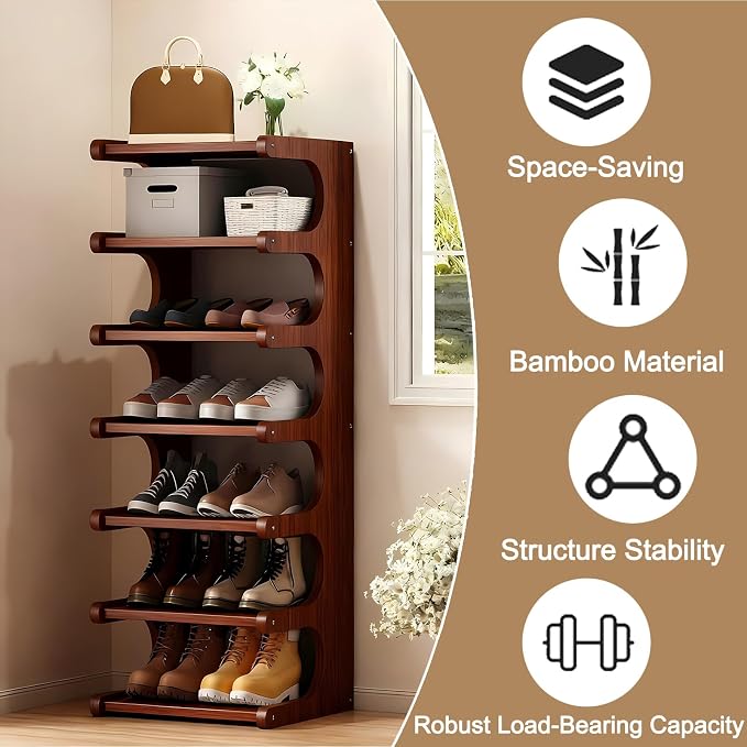 7-Tier Vertical Shoe Rack, Bamboo Free Standing Shoe Rack Shelf, Shoe Storage - Image 3