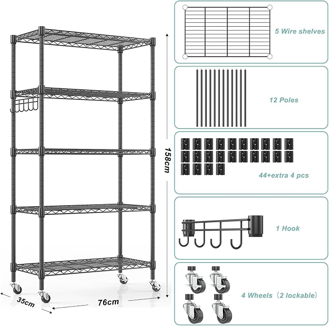 Himimi 5-Tier Storage Shelf Wire Shelving Unit on Wheels Heavy Duty Metal - Image 3