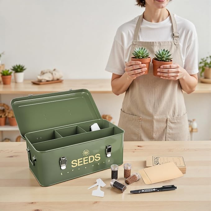 Metal Seed Storage Box with Safety Locks, Large 4-Compartment Seed Organizer - Image 4