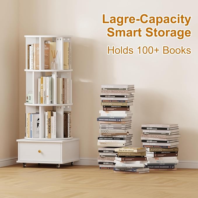Rotating Bookshelf with Drawers on Lockable Wheels Wood White | 4 Tier Spinning - Image 7