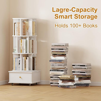 Rotating Bookshelf with Drawers on Lockable Wheels Wood White | 4 Tier Spinning - Image 7