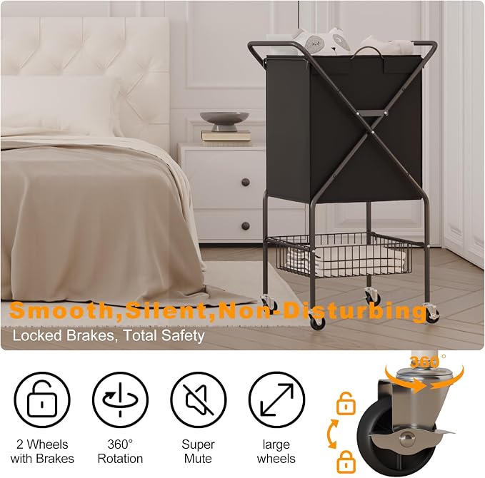 Laundry Basket with Wheels:88L Rolling Laundry Cart Foldable Metal Frame Dirty - Image 3