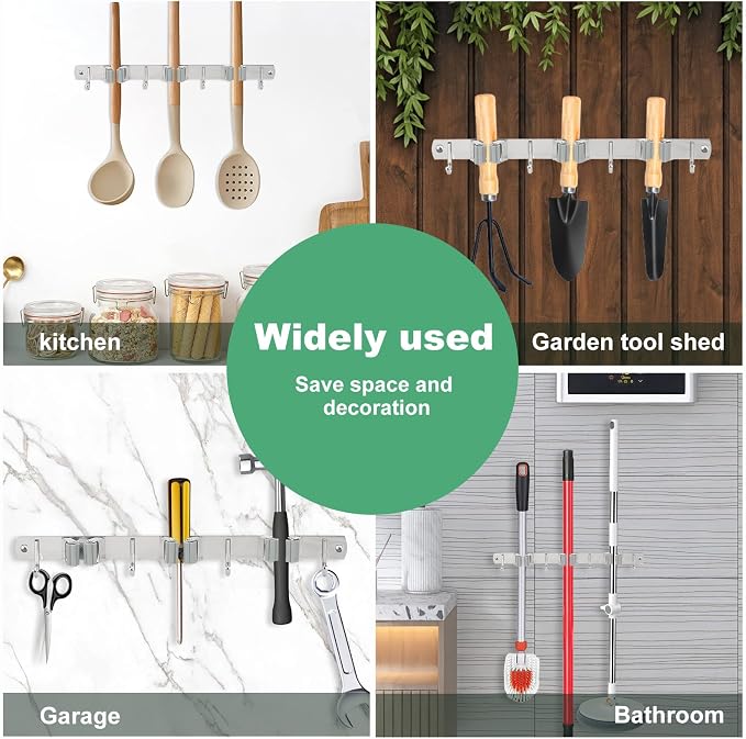 5 Pack Broom Holder Wall Mount 3 Racks 4 Hooks Stainless Steel Broom Mop Holder - Image 7