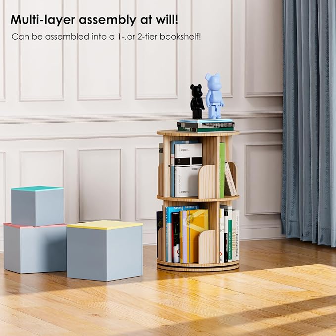 Kinembold Small Rotating Bookshelf, 2 Tier Revolving Bookcase 360 Display Round - Image 6