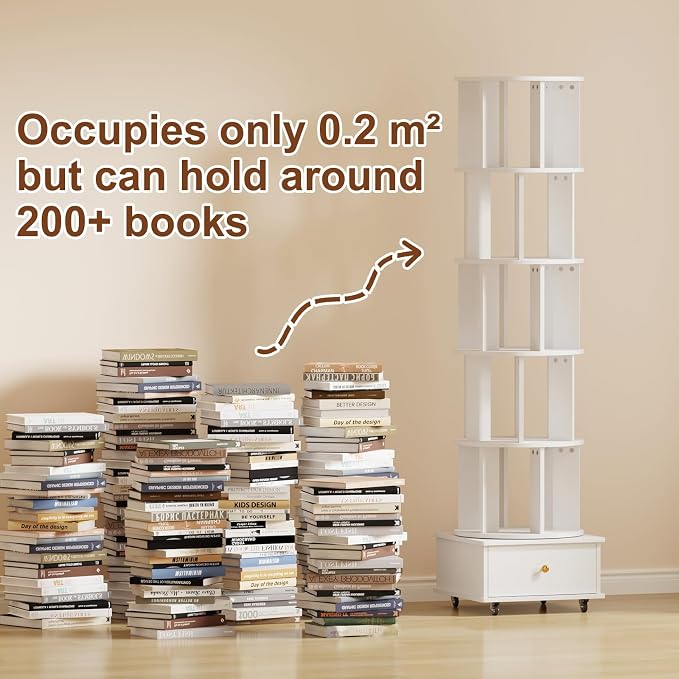 5-Tier Rotating Bookshelf with Drawers on Wheels, 360° Spinning Corner Bookcase - Image 7