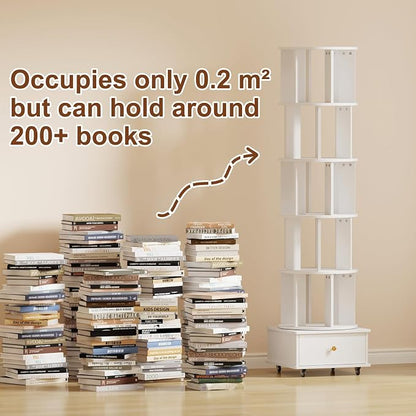 5-Tier Rotating Bookshelf with Drawers on Wheels, 360° Spinning Corner Bookcase - Image 7