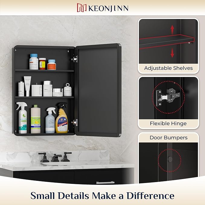 Keonjinn 16" x 24" Black Medicine Cabinet Mirror, Stainless Steel Framed | - Image 8