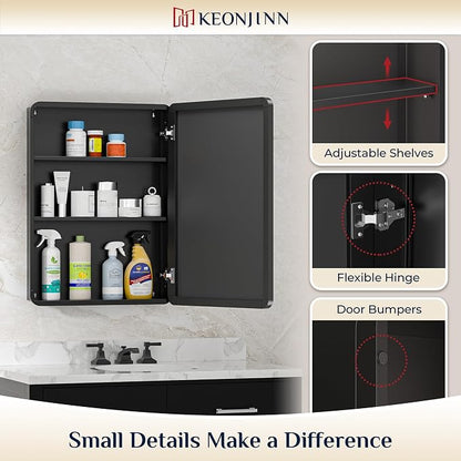 Keonjinn 16" x 24" Black Medicine Cabinet Mirror, Stainless Steel Framed | - Image 8