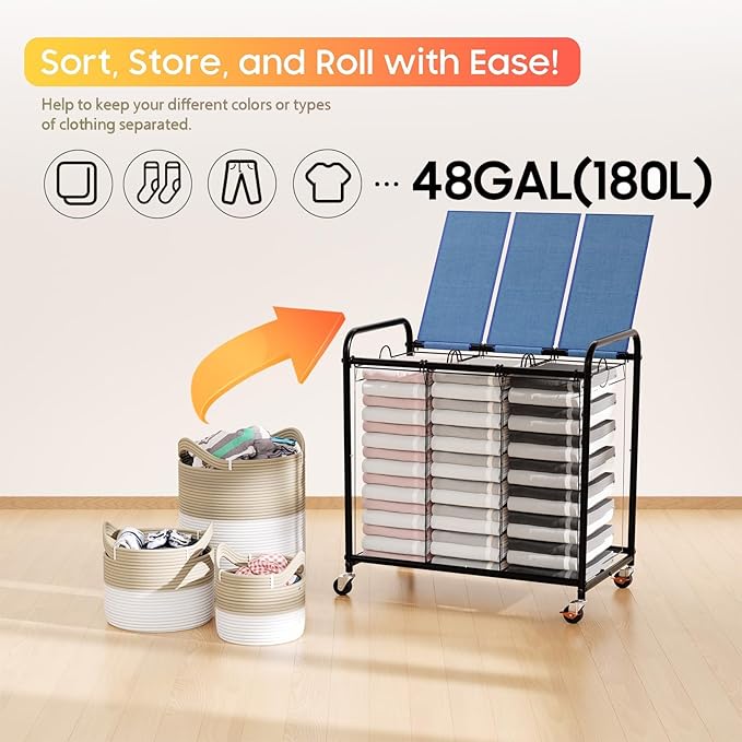 180L Laundry Sorter 3 Section, Rolling Laundry Basket - Image 6