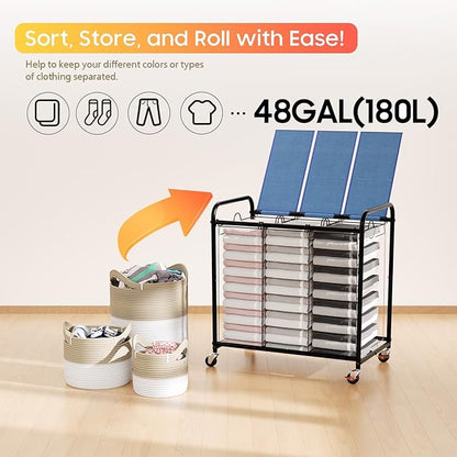 180L Laundry Sorter 3 Section, Rolling Laundry Basket - Image 6