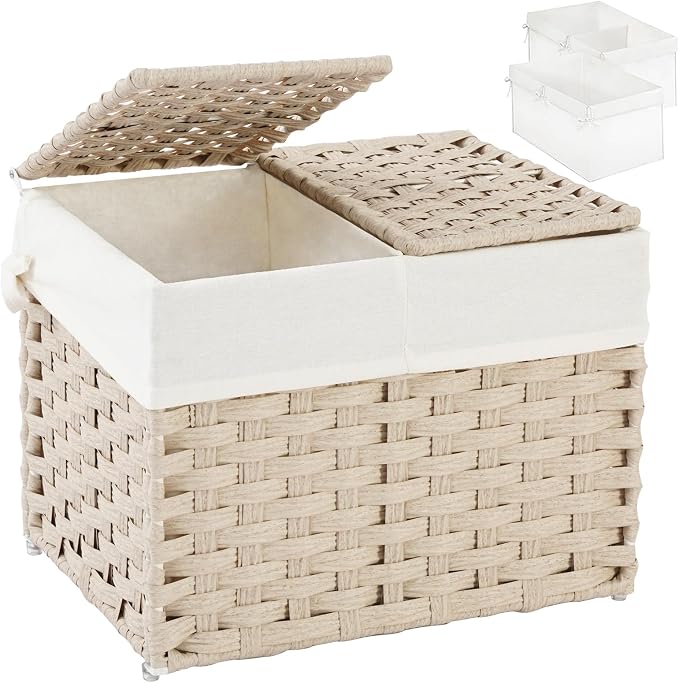 SETVSON Storage Basket with Lid, 2-Lid PE Rattan Storage Bin, Light Khaki | by SETVSON