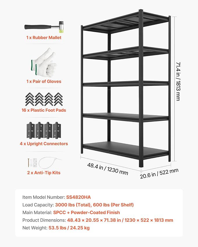 VEVOR Garage Shelving, 5-Tier Adjustable Storage Shelves, 3000 lbs Heavy Duty - Image 9