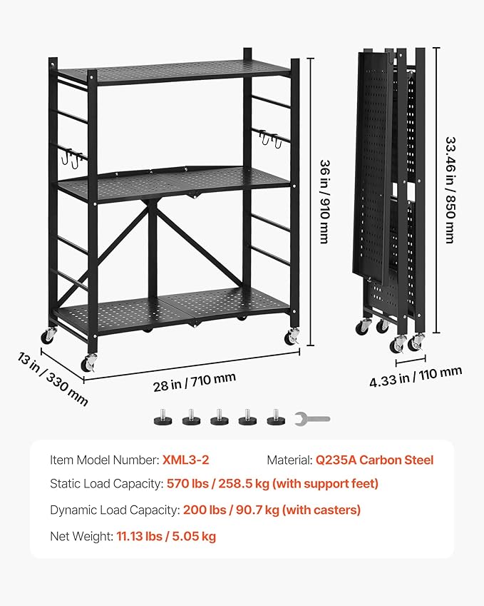 VEVOR 3-Tier Foldable Storage Shelf, 28W x 13D x 36H Inch Folding Metal Rack - Image 3