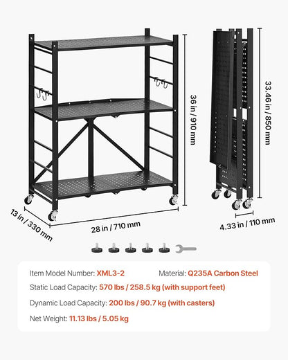VEVOR 3-Tier Foldable Storage Shelf, 28W x 13D x 36H Inch Folding Metal Rack - Image 3