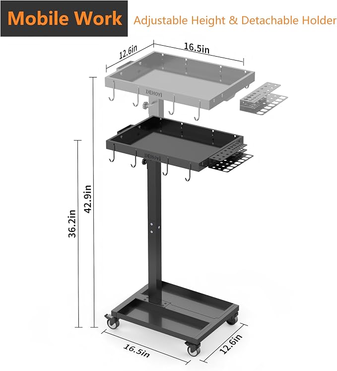 DEHOYI Adjustable Height Metal Tool Cart - Image 3