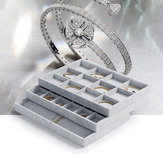 Oirlv Velvet Stackable Jewelry Display Trays 12 Grids Rings Earrings Bracelet - Image 7