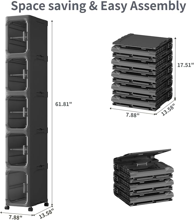 5 Tier Slim Bathroom Storage Cabinet, Foldable and Movable, ABS and PET - Image 2