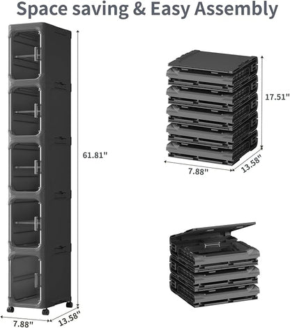 5 Tier Slim Bathroom Storage Cabinet, Foldable and Movable, ABS and PET - Image 2