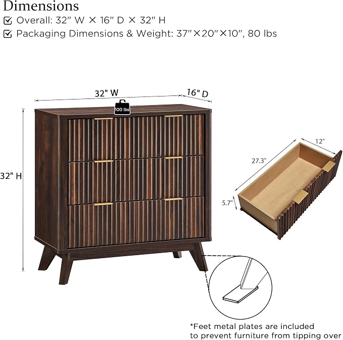 T4TREAM Fluted 3 Drawers Nightstand Set of 2, Oversized Extra Large Modern Side - Image 3