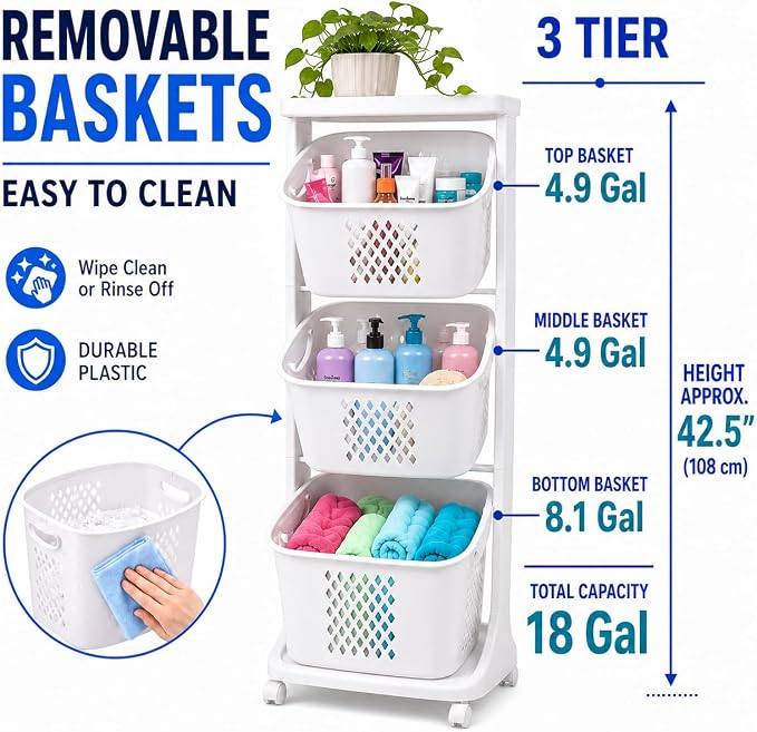 Japard 18 Gal Rolling Laundry Hamper Ultra Slim, Vertical 3 Sorter Cart - Image 2