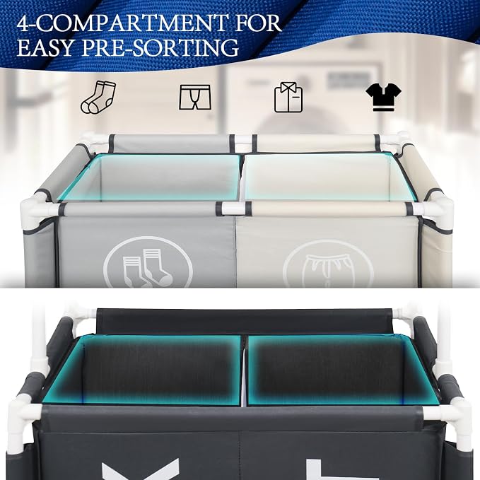 Laundry Basket with Wheels, 4 Section Laundry Hamper, Extra Large Dirty Clothes - Image 4