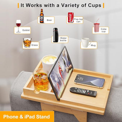 Bestjing Bamboo Couch Cup Holder Tray - 2 in 1 Couch Armrest Table - Sofa - Image 5
