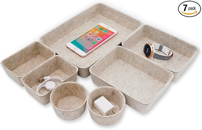 Welaxy 7pc Scandinavian Felt Desk Drawer Organizer Oatmeal Catchall Tray by Welaxy