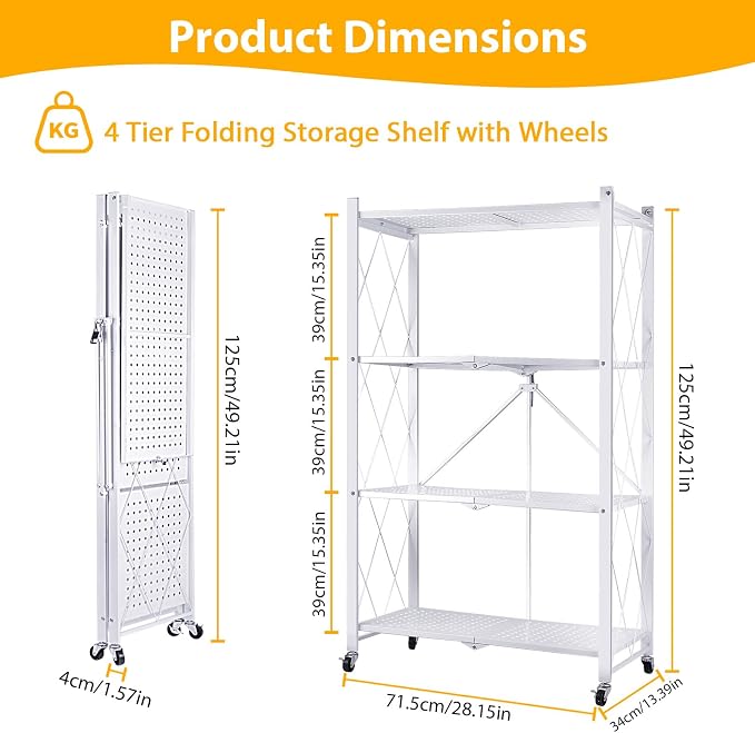 4 Tier Folding Storage Shelf on Wheels, Collapsible Shelving Unit Rolling - Image 3