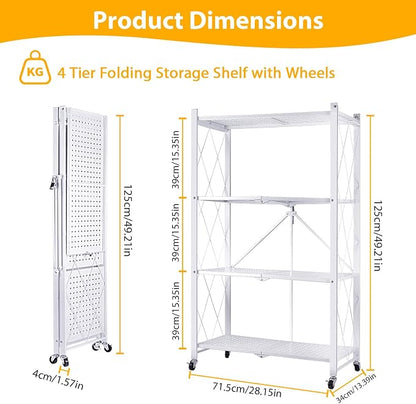 4 Tier Folding Storage Shelf on Wheels, Collapsible Shelving Unit Rolling - Image 3