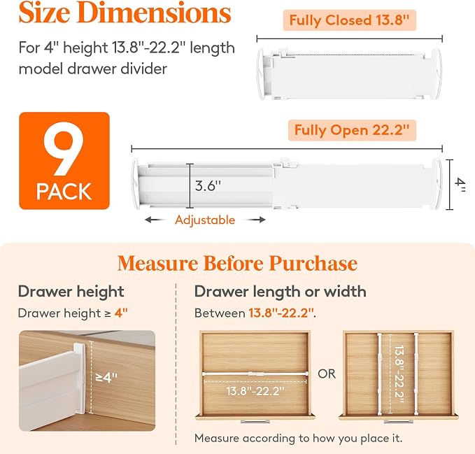 Lifewit 9 Pack Drawer Dividers for Clothes, Adjustable White Plastic Separators - Image 2