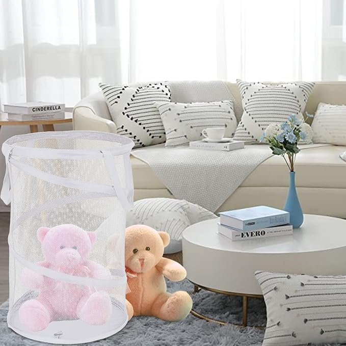 BATTOO 2 Pack White Large Collapsible Laundry Basket Foldable Mesh Pop Up Hamper - Image 6