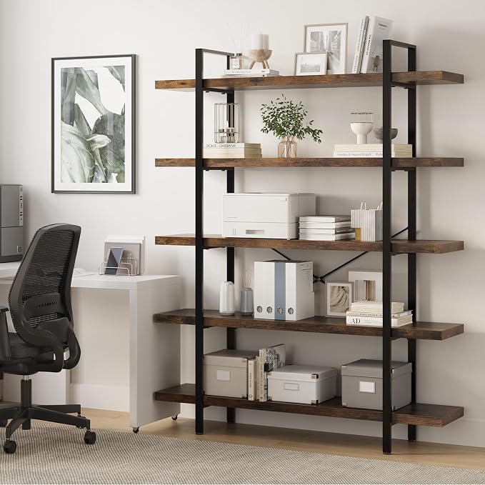 Heavy Duty 5-Tier Industrial Bookcase, 120lbs Shelf Capacity, Rustic Open - Image 5