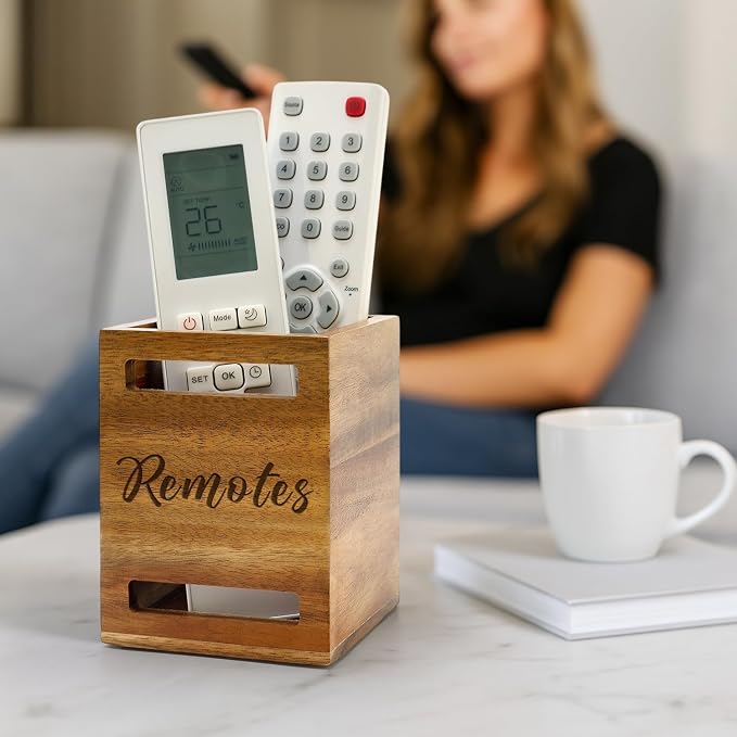Hilislog TV Remote Control Holder Wall Mount Acacia Wood Caddy - Image 2