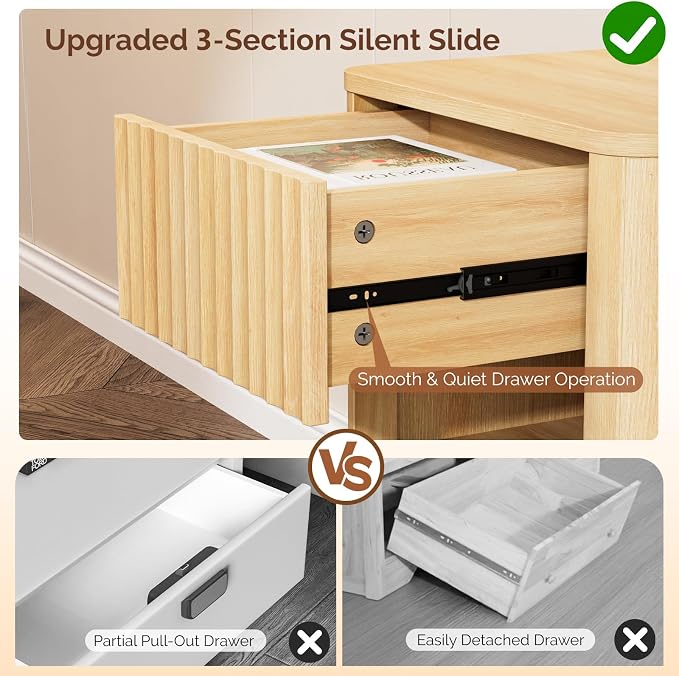 VINGLI Floating Nightstand Set of 2, Fluted Nightstands Rounded Edge, Oak - Image 6